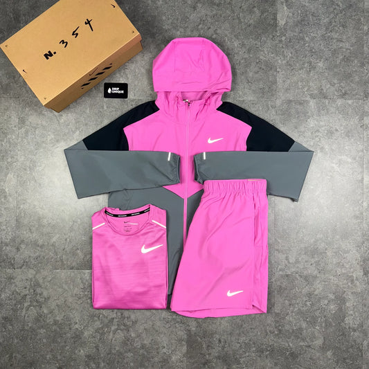 NK 3-Piece Sport Set – Pink/Grey Jacket, T-Shirt & Shorts